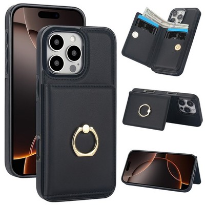 Wallet Case for iPhone 16e 15 14 13 12 11 Pro Max SE 2022 XR with Rotation Ring