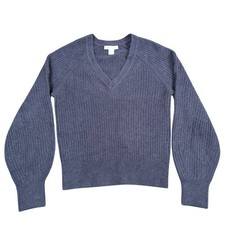 Athleta Womens XS Navy Blue Merino Wool Ribbed V-Neck Balloon Sleeve Sweater