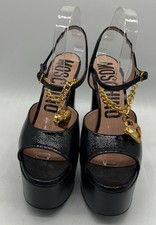 Moschino Black Patent Leather Chain-Link Charm Platform Sandal sz 39
