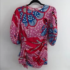 Rhode Pia printed puff sleeve faux wrap mini dress sz XS