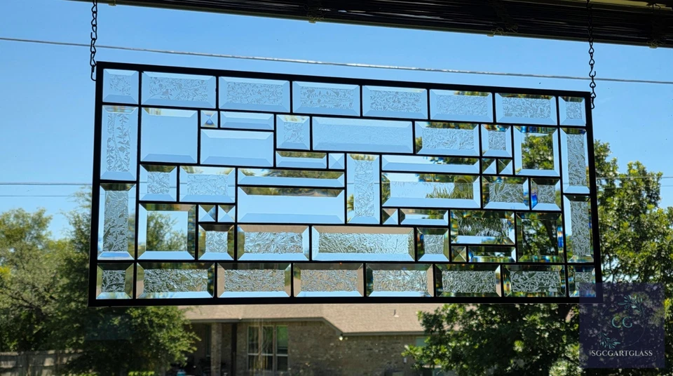 Contemporary clear stained glass panel, rectangular window hanging,28 1/2x12 1/2 - Image 4 of 4