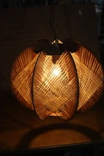 Vintage Mid-Century Modern Teakwood and Rattan Weave Hanging Swag Lamp