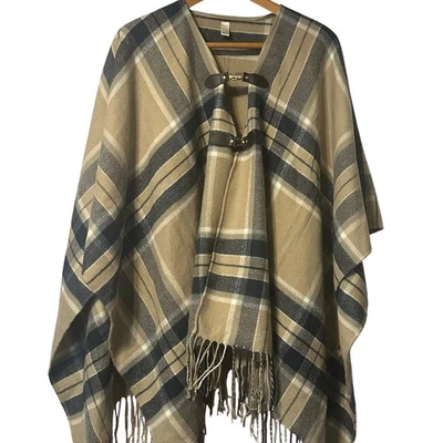 EST 1946 Plaid Poncho Wrap khaki blue white fringe soft One Size - Image 1 of 4