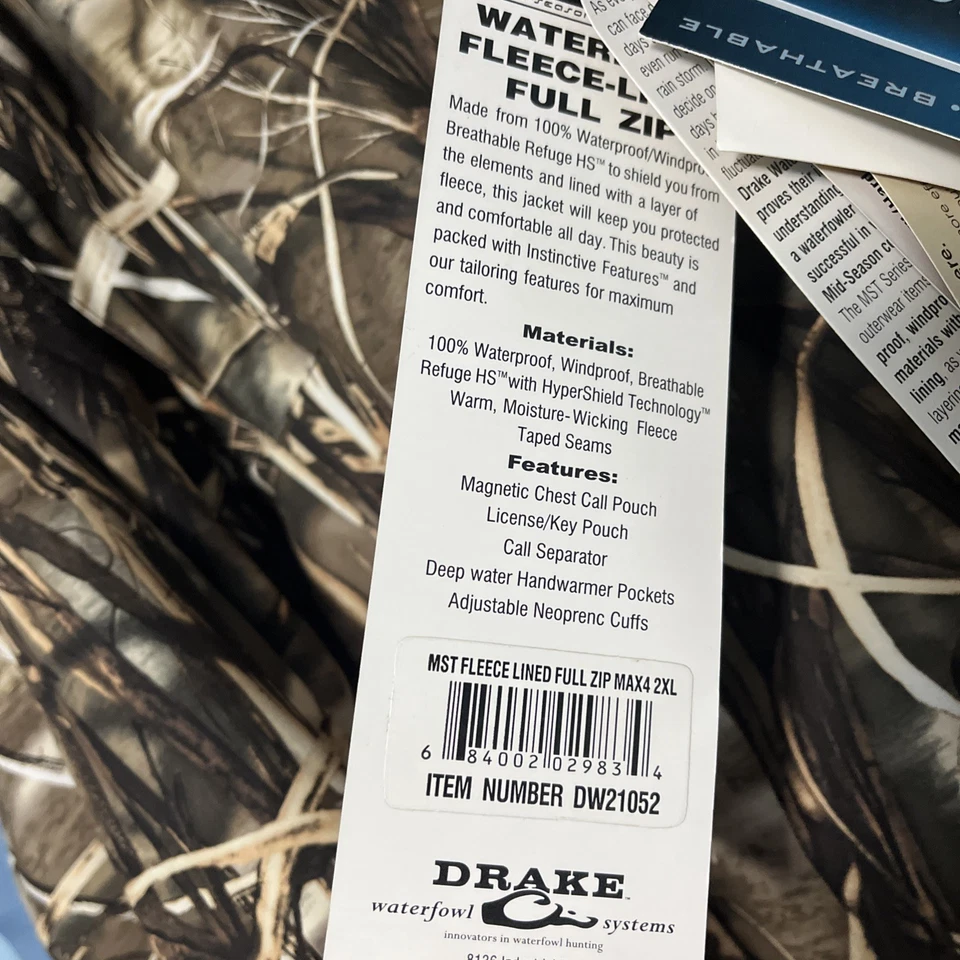 NWT Drake MST Fleece Lined Full Zip Max4 Coat - 2XL - RealTree Camo Duck Hunting - Image 3 of 4