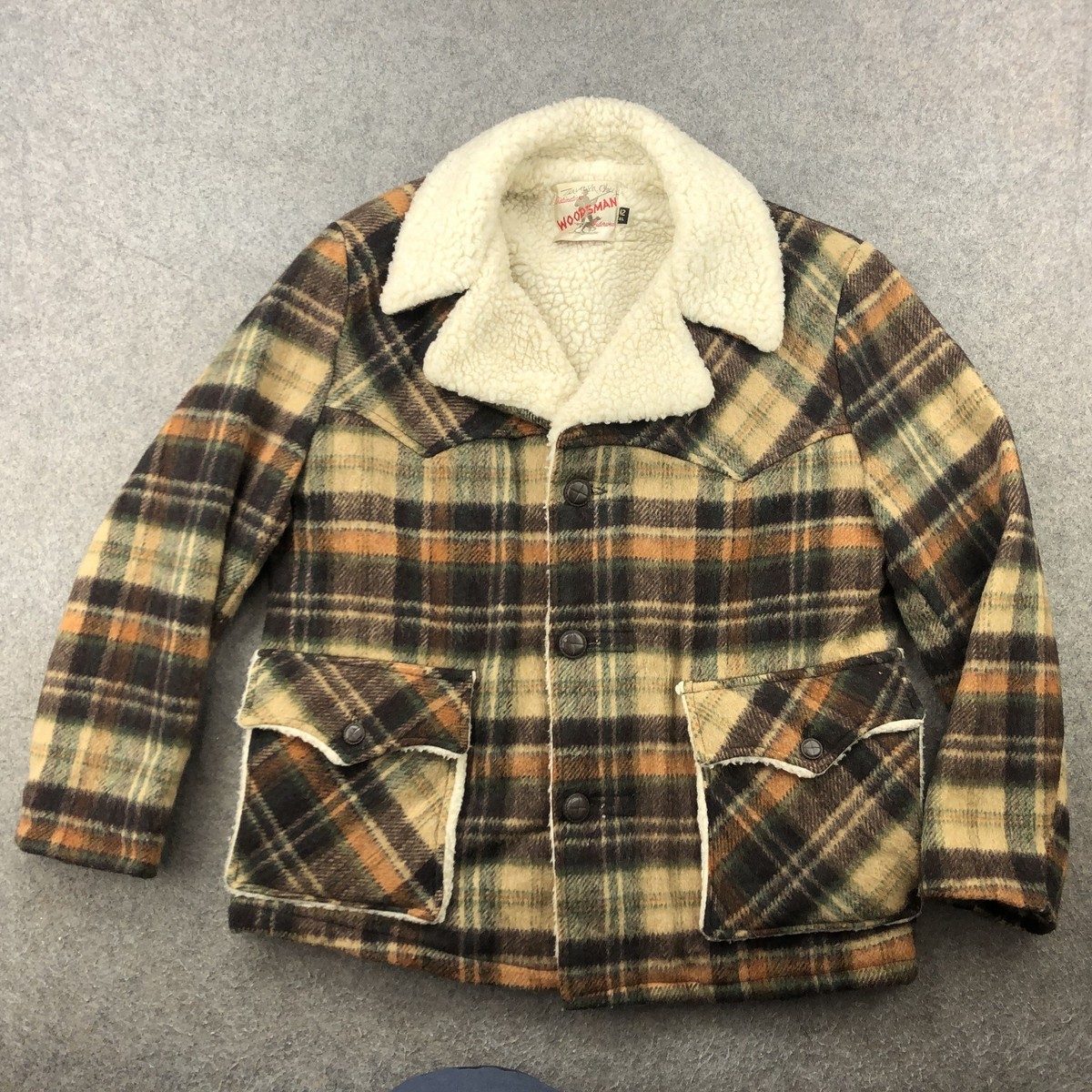 Vintage Woodsman Jacket Mens 42 Plaid Sherpa Lined Wool Coat