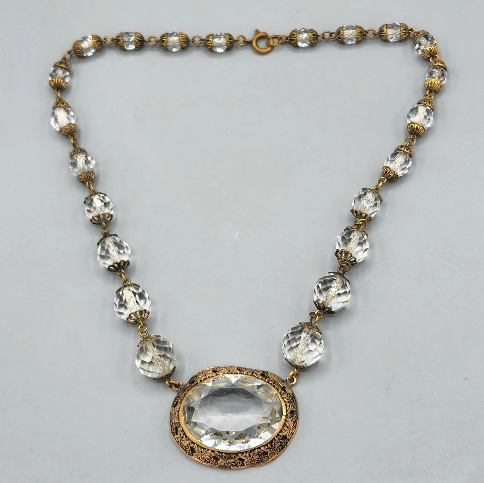 Collar Gargantilla Latón Vidrio Facetado Ovalado Cuentas Graduadas Transparente Checo Art Nouveau Foto 2 de 4