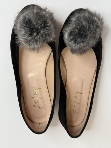 FS/NY French Sole NY- Women's Velvet Black Flat with Fur Pom Pom size 7B
