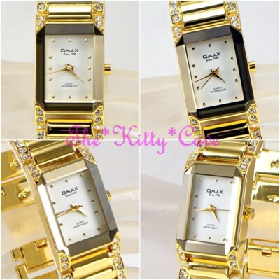 Gold OMAX Movement Seiko Beveled Glass Luxury Watch with Swarovski Crystal JES612