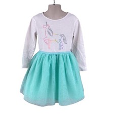Cat  Jack Girls Dress Sz XS 4/5 White Knit Unicorn Top Turquoise Tulle Skirt LS