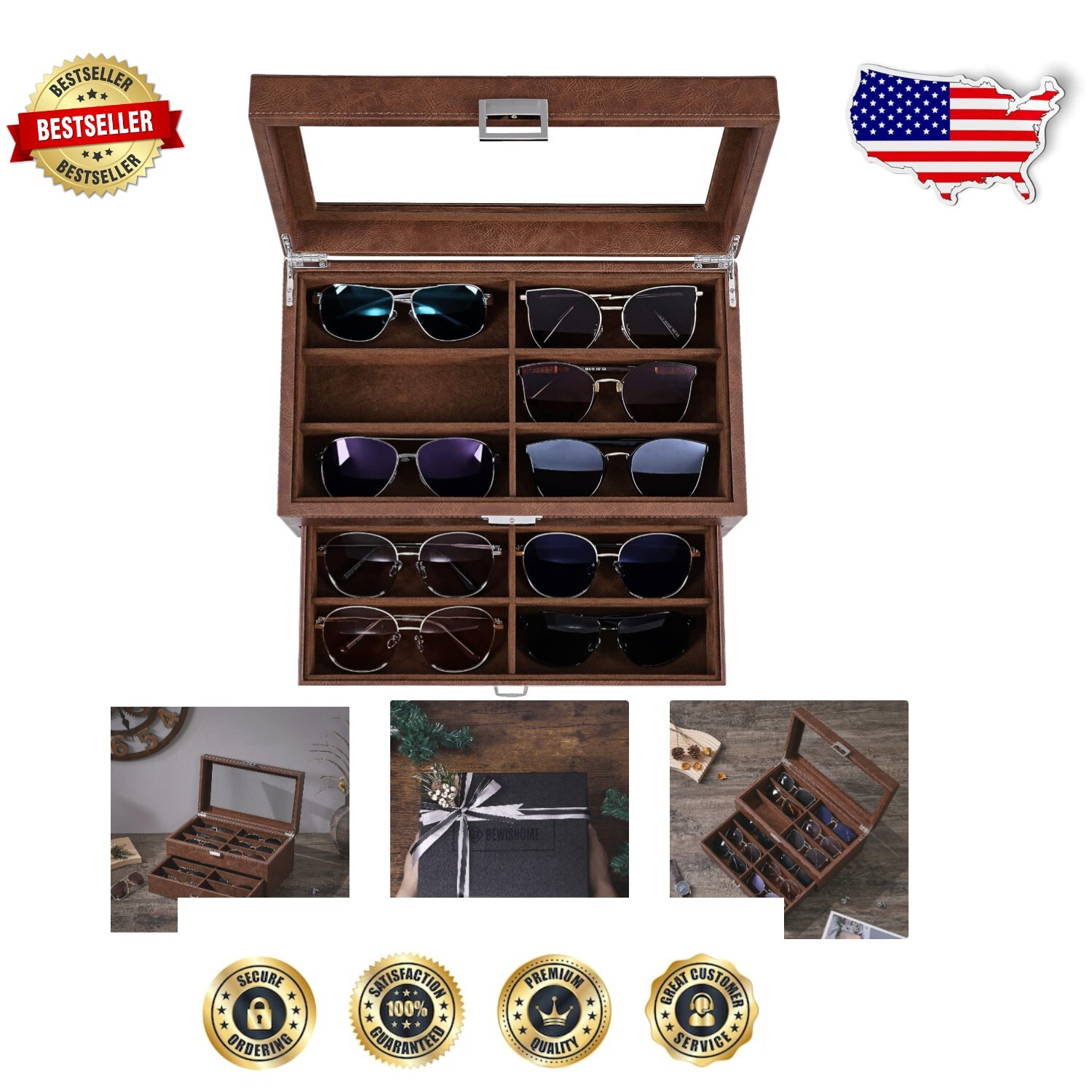 Stylish 12-Slot Sunglasses Case with Polished Finish & Flannel Lining for Men