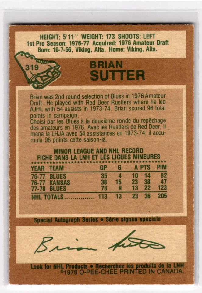 1978-79 O-Pee-Chee Brian Sutter Rookie St. Louis Blues #319 RC - Image 2 of 2