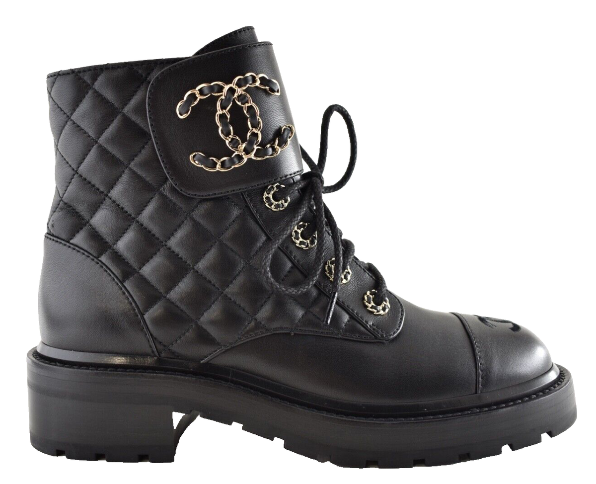 Chanel 21A Black Quilted Gold CC Chain Combat Lace Up Tie Ankle
