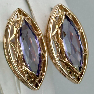 USSR Original Alexandrite (lab. made) Solid Rose Gold Earrings 583 14K 8.20 g.