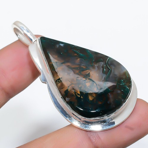 Pendentif Fait Main En Argent 925 Avec Agate Mousse Verte - Collier 18 Pouces - Neuf Sans Emballage