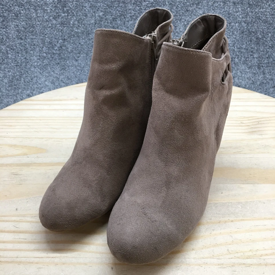 Botas de bambú para mujer 8 sed botines al tobillo beige imitación cuero bloque tacones cremallera Foto 3 de 4