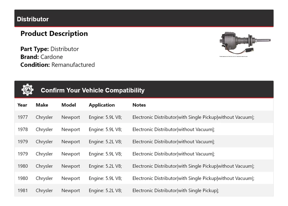 Para Chrysler Newport 1977-1981 Distribuidor Cardone 1978 1979 1980 Foto 2 de 4