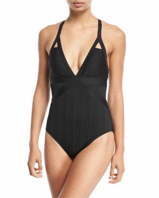 NWT $99 Athena Women Black Stretch V-Neck Cross-Strap One-Piece Swimsuit Size 16