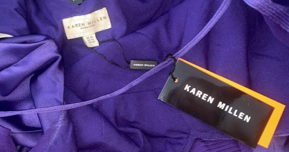 Karen Millen New Purple Sheath Dress Size 10 Silk Knee Fitted Open Back Knee