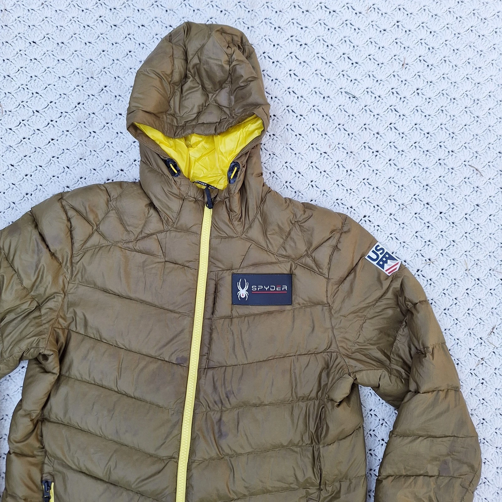 Spyder Mens Puffer Jacket Down Insulated Full Zip Hooded Coat US Ski - Large
