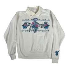 Vintage Morning Sun Sweatshirt Womens Large White Fleece Hummingbird Floral