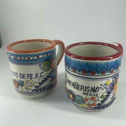 Set Of 2 Talavera Colorful Textured Mexican Art Pottery Hand Painted Mugs