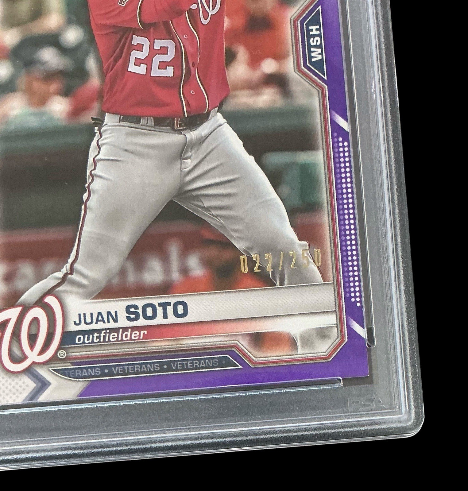 2021 bowman #67 juan soto; jersey # 22/250 purple variation PSA 8  (POP 1, 0^) view 2