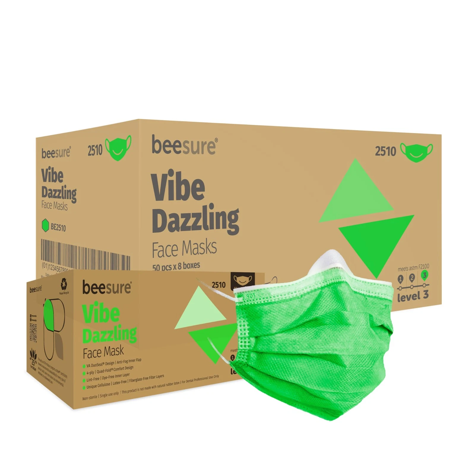 Dazzling Green 4 Ply Astm Level 3 Face Masks Latex Free Quad Fold Design