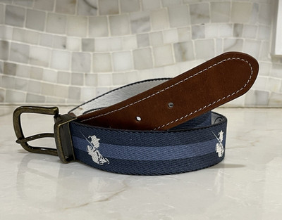 Doc Murphy Fly Fisherman Golf Belt Navy Blue Striped Trout Lure Men s Size 32 30