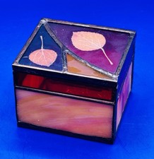 Vintage 1979 Handmade Stained Glass Encased Leaf Lid Trinket Box 3" X 3" X 2"