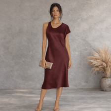 Zara Womens Burgundy Asymmetrical Midi Silky Slip Dress Size L UK 14