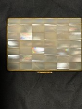 Vintage Mother of Pearl Cigarette Case Gold Tone Mosaic Shell Case