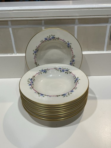 Superb Lenox BELVIDERE 8 3/8" Blue Flowers Pink Ribbon Rimmed Soup Bowls HTF - Picture 2 of 4