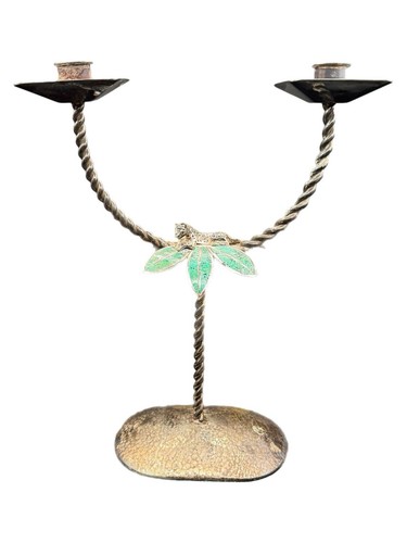Emila Castillo Silver Plate Jaguar Azurite Leaves Twisted Double Candelabra