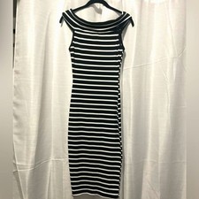 Derek Heart Striped Bodycon Dress - Black & White - Size M - Ribbed Midi Dress
