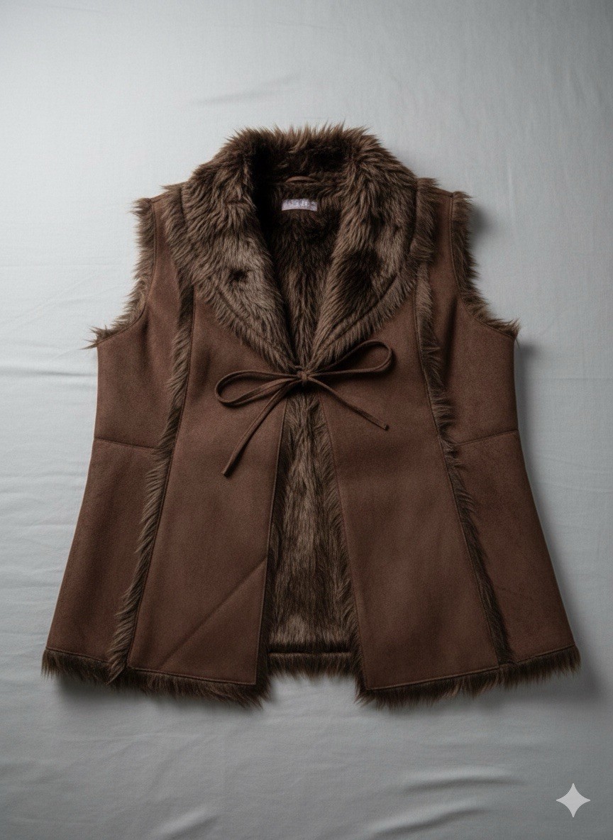 Vintage Y2K 2000s Faux Suede & Fur Brown Gilet/Vest Front Tie Size UK14