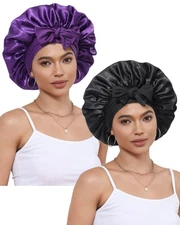 2 PCS Satin Bonnet, Sleeping, Women, Elastic Tie Band, Night Cap, Curly Hair