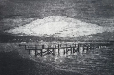 Aquatinta-Radierung „Seebrücke“, Originaldruck, signiert T. Ehmke, 2022 - Bild 1 von 4
