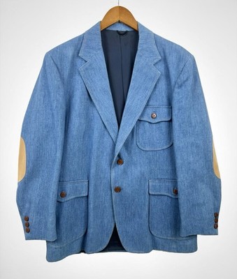 Vintage Montgomery Wards Mens Denim Blazer With Suede Elbow Patches Size 42R