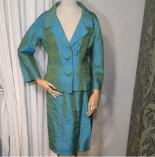Vintage 1960s Vogue Paris Thai Silk Skirt Suit Turquoise Set By Thebs SZ S