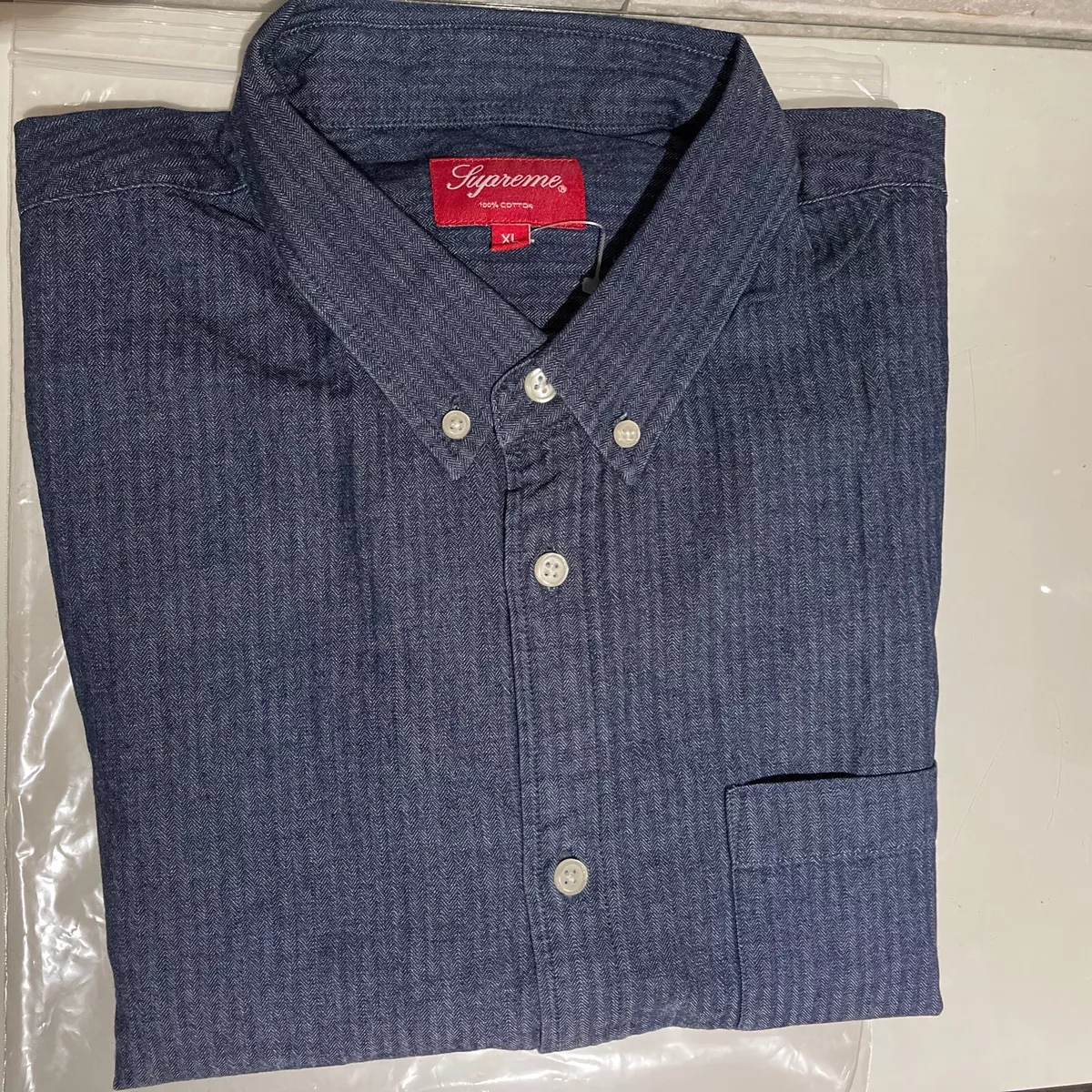 Supreme Oxford Button Down Shirt LS Navy Blue Size XL Box Logo