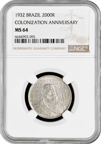 Brazil 2000 reis 1932, NGC MS64, "400th Anniversary - Colonization of Brazil"
