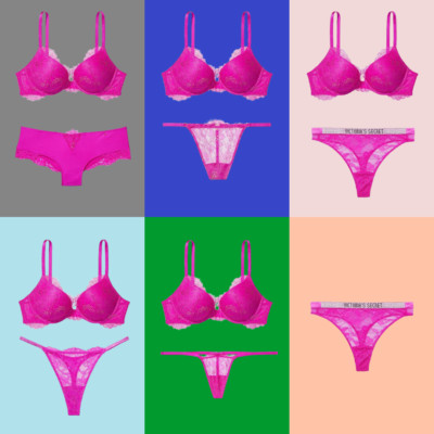 Victoria's Secret Very Sexy Lace Shimmer Push-Up Bra 2 Panty set Neon Pink Pick