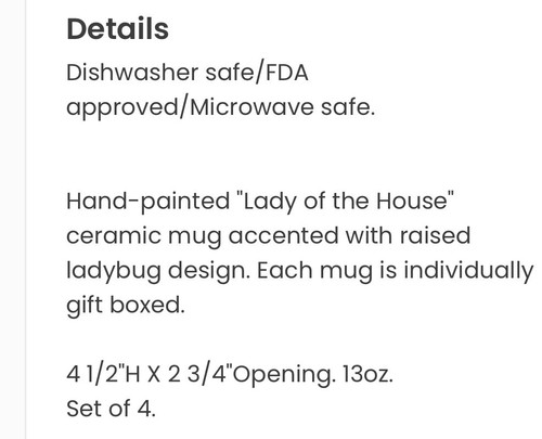 "Lady Of the House" Ladybug 13 Oz Ceramic Mug Burton+Burton NIB Auth Retailer - Picture 4 of 4
