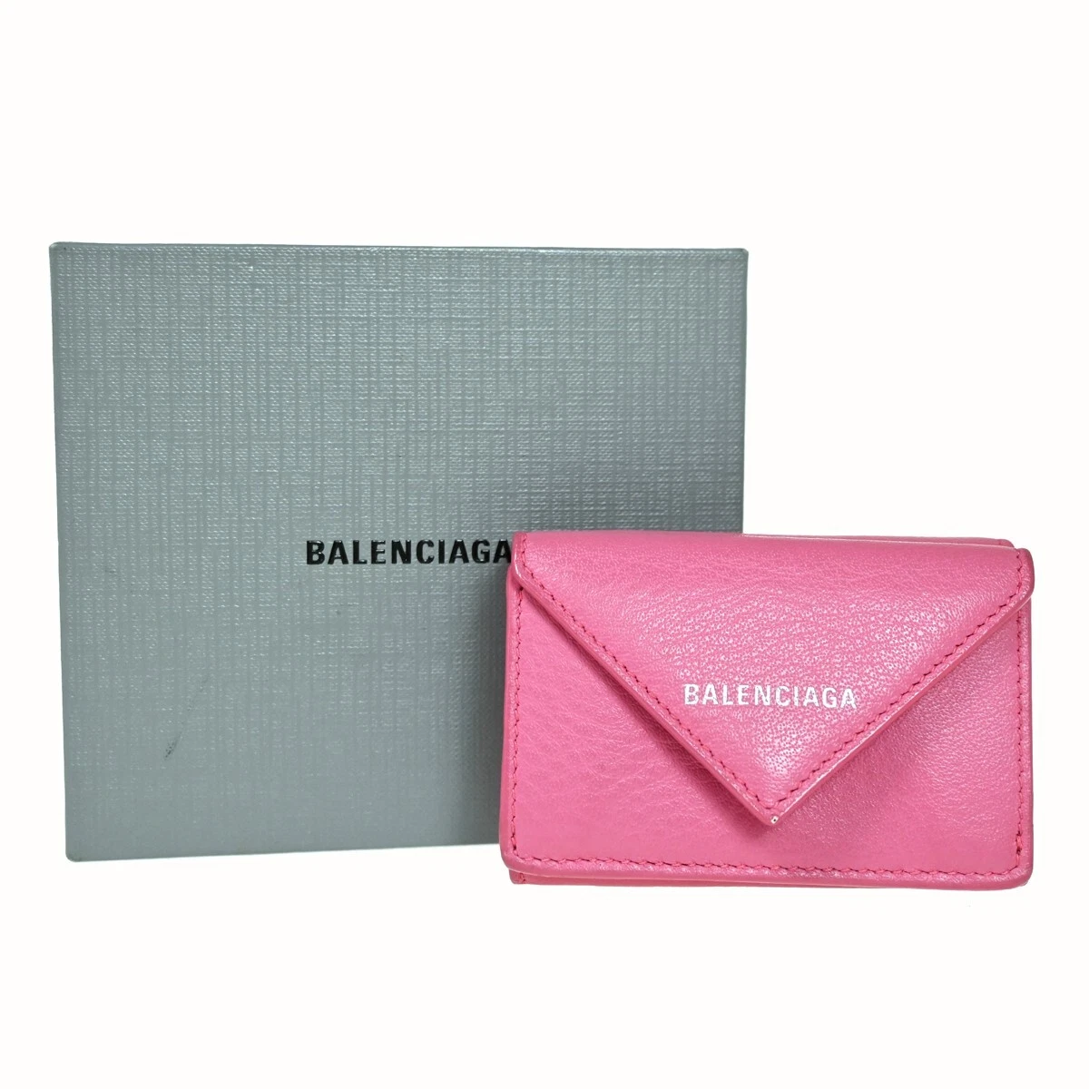 BALENCIAGA Logo Paper Mini Trifold Wallet Purse Leather Pink SHW Italy 60HB225
