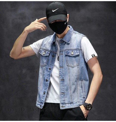 Men's Denim Vest Cowboy Waistcoat Sleeveless Casual Jacket Coat Oversize Retro - Picture 16 of 26