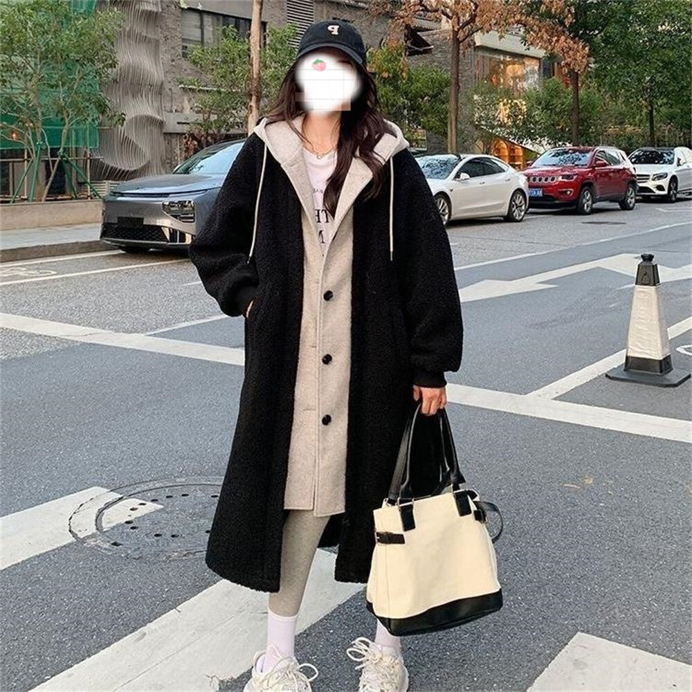 Hooded Jacket For Women Double Layer Cashmere Hoodie Fleece Button