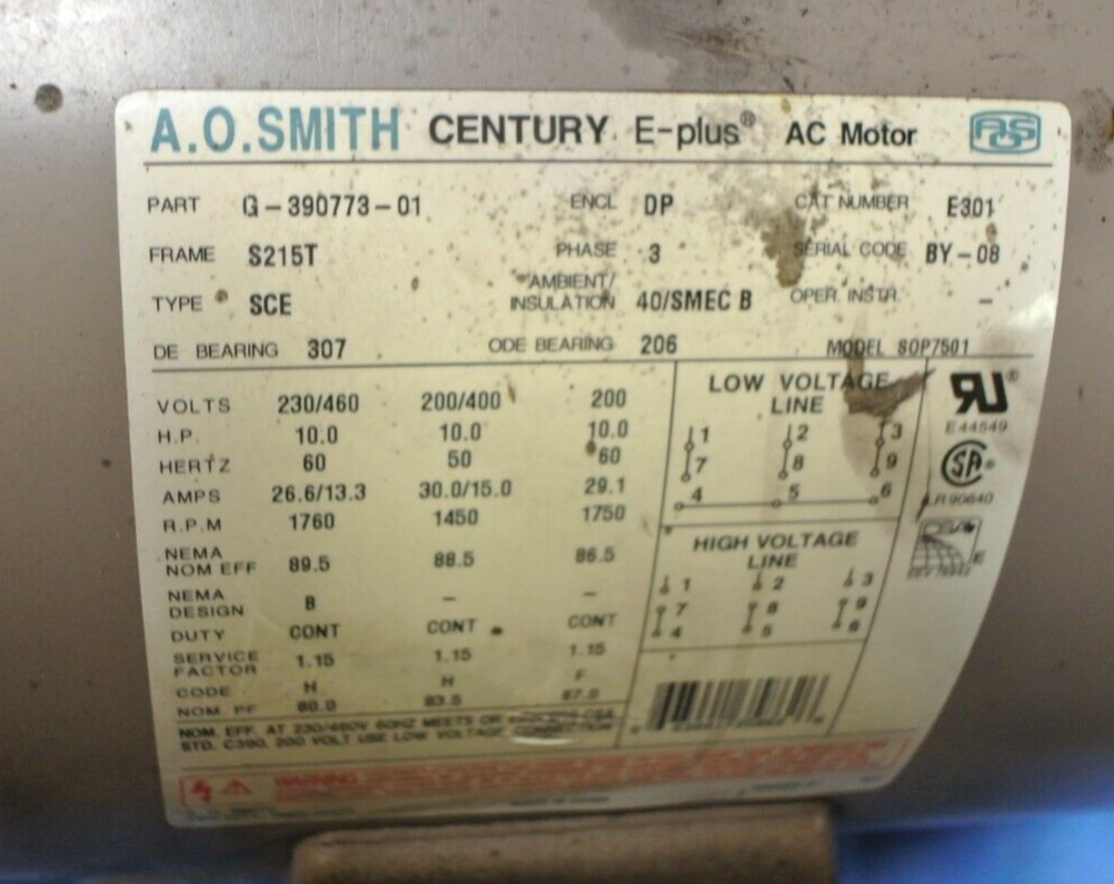 A.O. SMITH CENTURY E-PLUS 3 AC MOTOR 10 HP 230/460V #G A.O. SMITH CENTURY E-PLUS 3 AC MOTOR 10 HP 230/460V #G