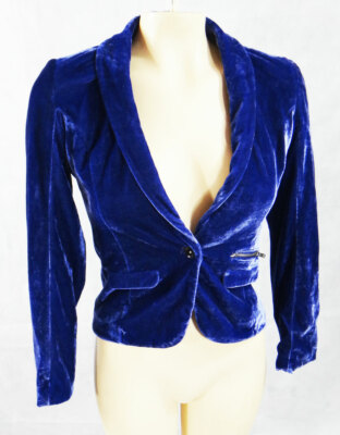 BLUE crushed stretch velvet fitted MEDIUM blazer jacket coat 10 12 rock  REPUBLIC