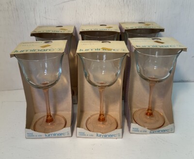 VTG Luminarc Americana Durand ARC PINK Stem Set Of 6 Wine Glasses / Goblets ~NOS