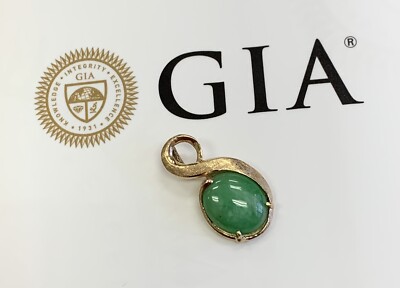 GIA ovaler Cabochon durchscheinend meliert grüner Jadeit Jade 14k Gelbgold Anhänger